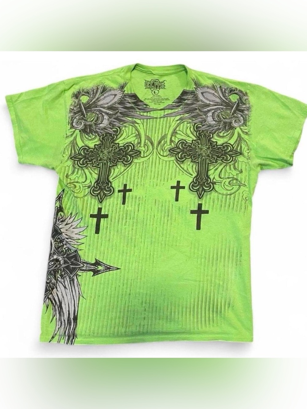 SOLD Vintage MMA Elite Neon Green Graphic T-Shirt Y2K Cross Design Size Large - Picture 2 of 5